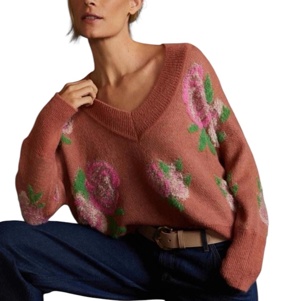 Anthropologie Rust Floral V-Neck Sweater with Pink & Green Accents